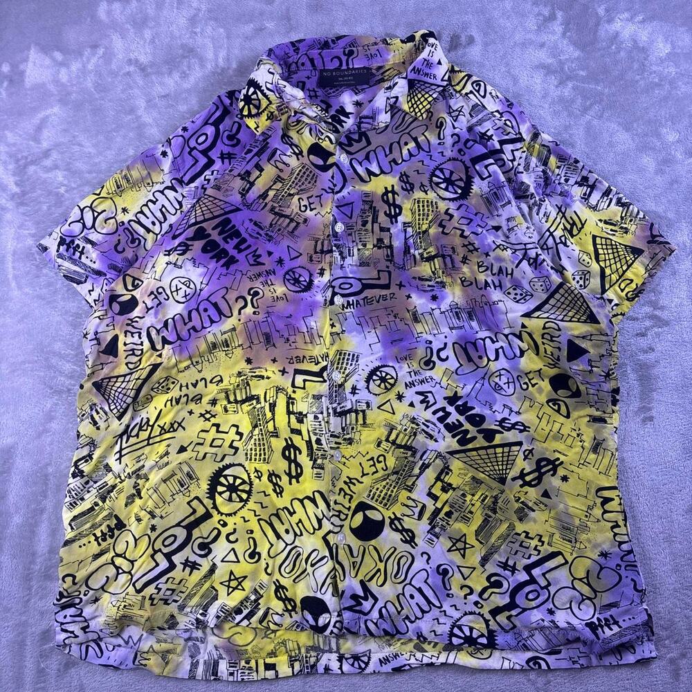 No Boundaries Graffiti Tie Dye Button Up Shirt Men’s XXL Yellow Purple Y2K
